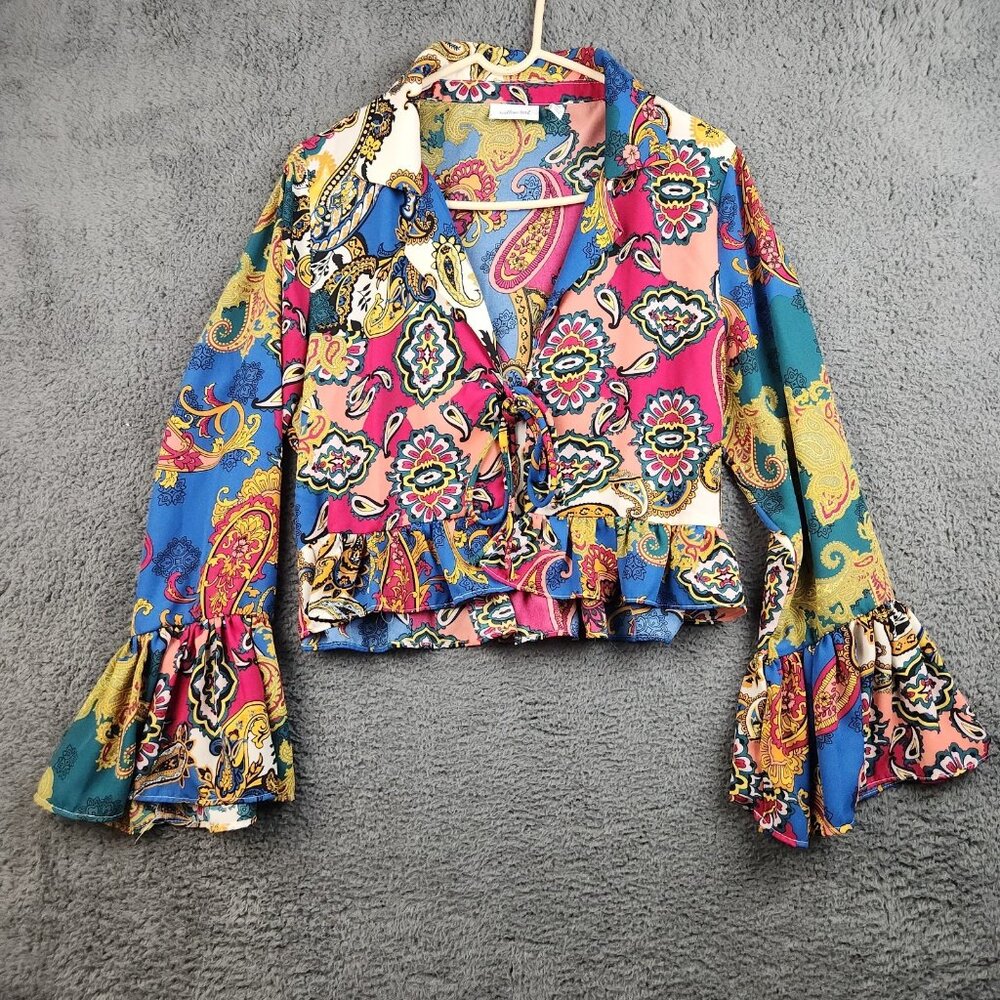 Womens Bell Sleeve Open Tie Front Kimono Medium Paisley Boho Whimsy Fairy Ruffle